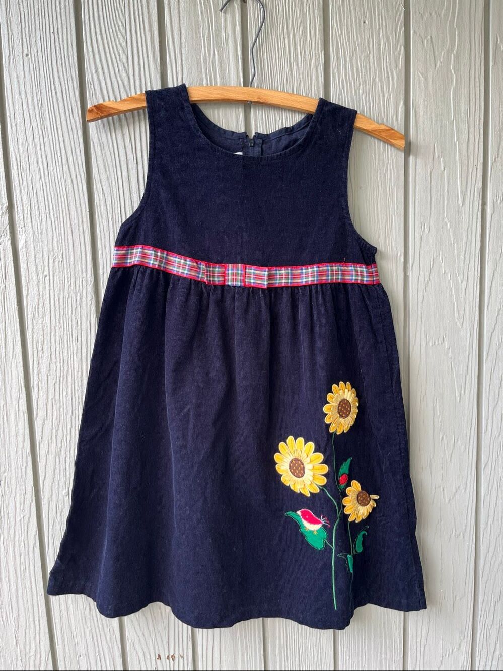 Bonnie Jean Girls Navy Corduroy Sunflower Plaid Jumper Dress 6X